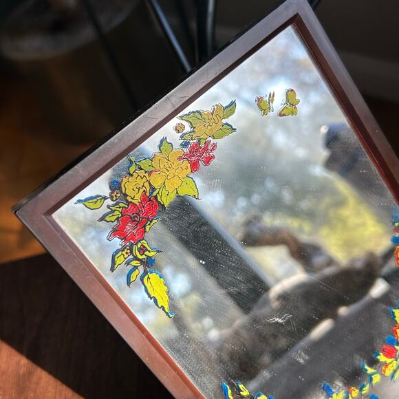 Vintage Yaps Mirror Music Box Love Story MCM Floral No Butterfly Brown Frame - Picture 2 of 9